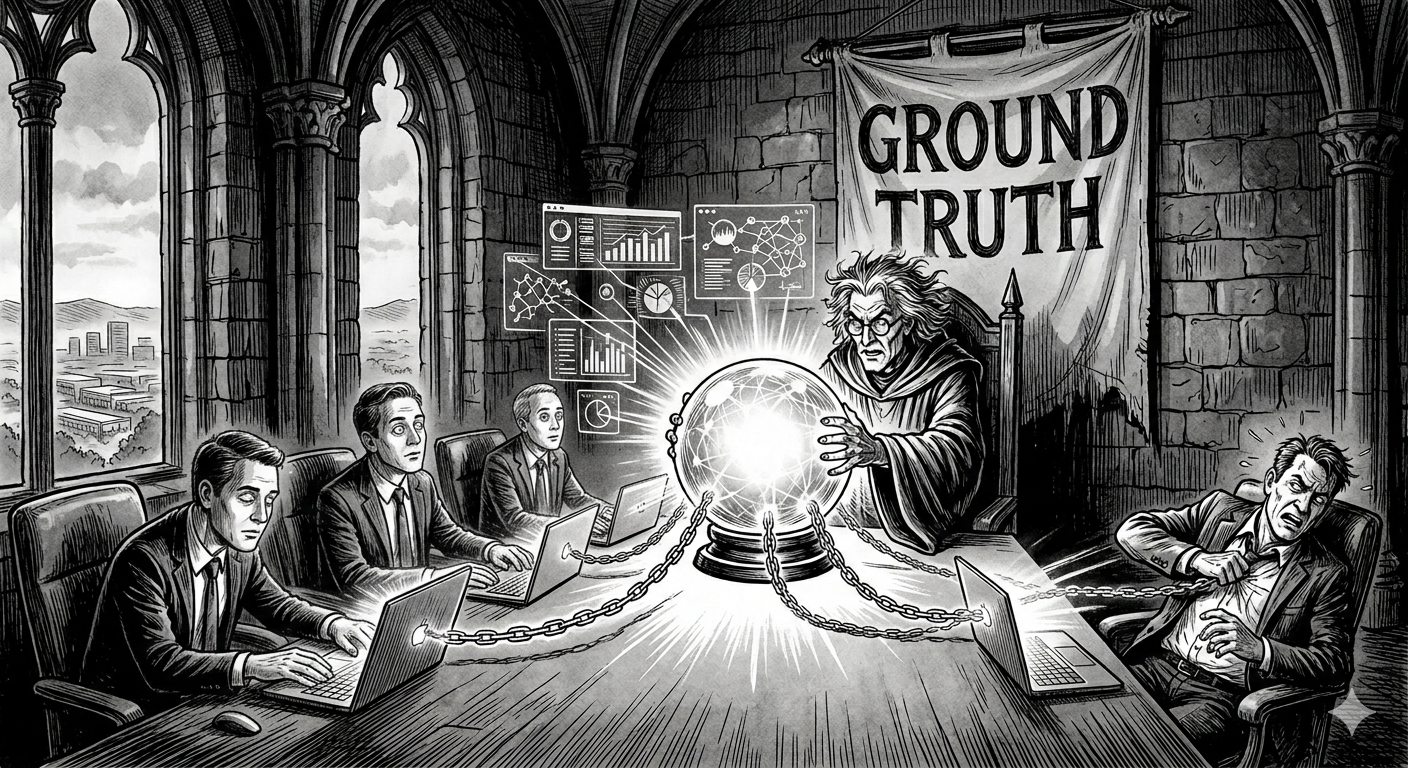 Tech CEO wizard holds glowing palantír orb while entranced executives are chained to it by data streams