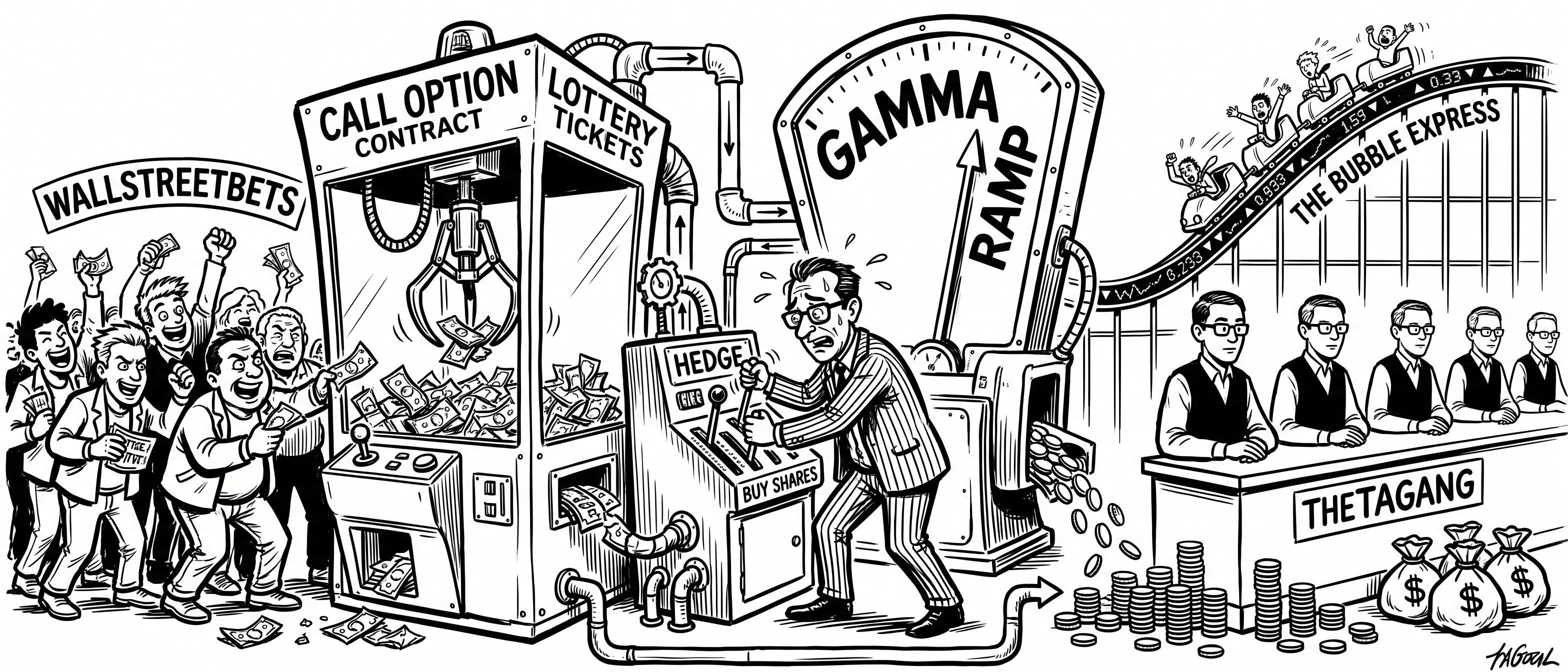 Diagrammatic satirical illustration of retail options flow: WallStreetBets feeding cash into a claw machine on one side, thetagang collecting coins on the other, with a market maker hedging in the middle beneath a rising gamma ramp gauge