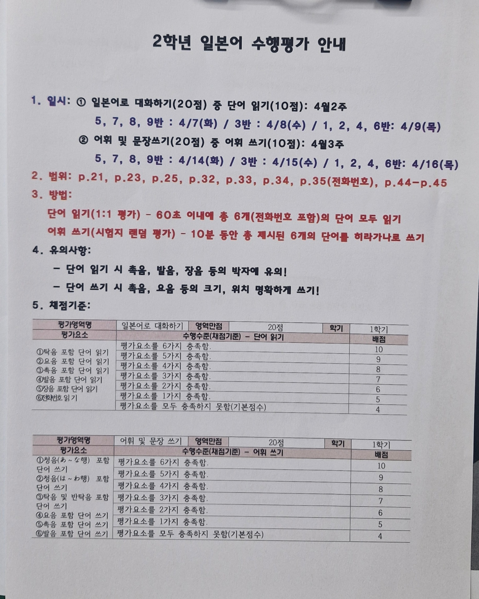 일본어 수행평가 범위