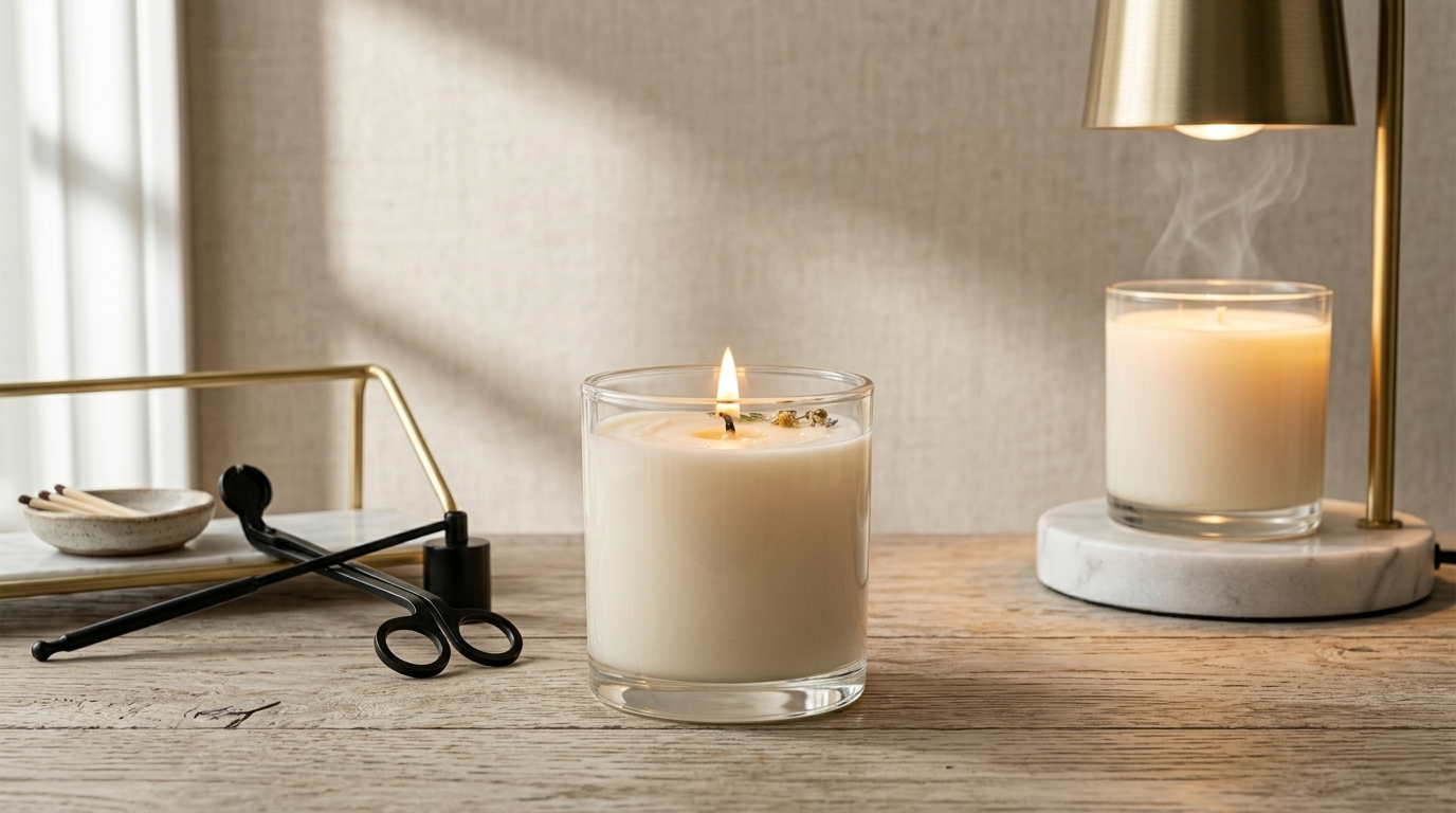 Minimalist lifestyle photography of a premium soy wax candle in a ceramic vessel on a wooden tray