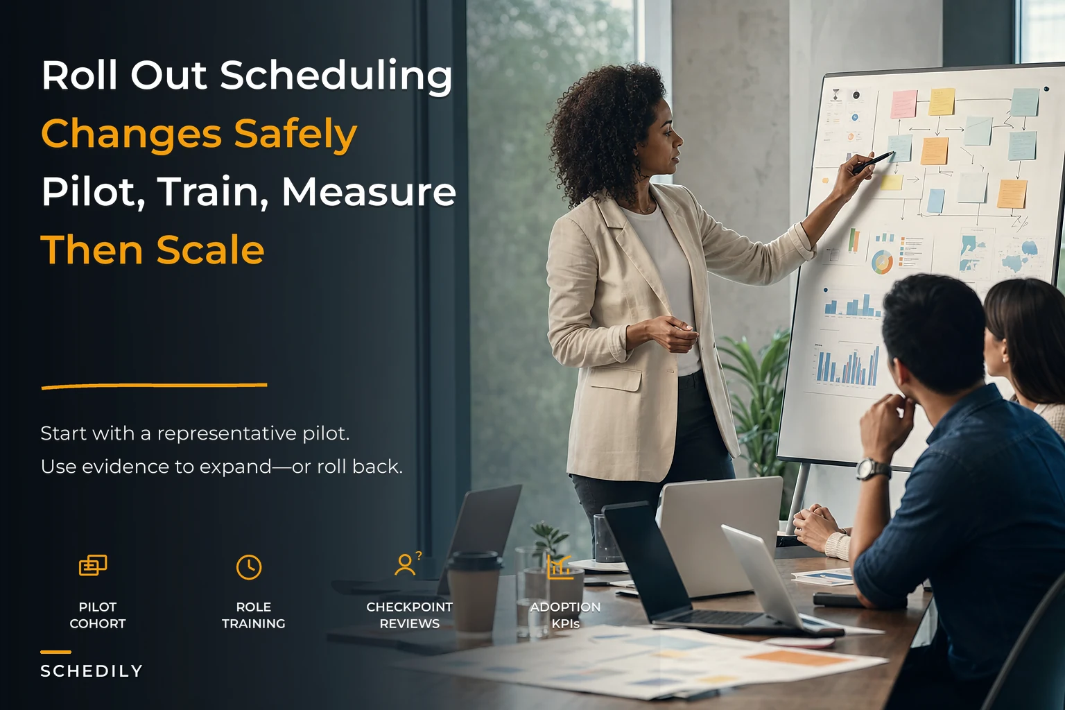 Change-management playbook for rolling out scheduling policies and tools