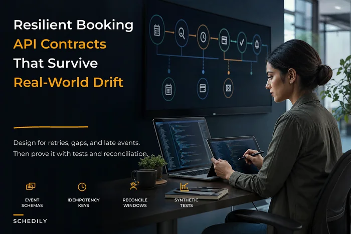 Design resilient scheduling APIs and event contracts: idempotency, reconciliation windows and test suites