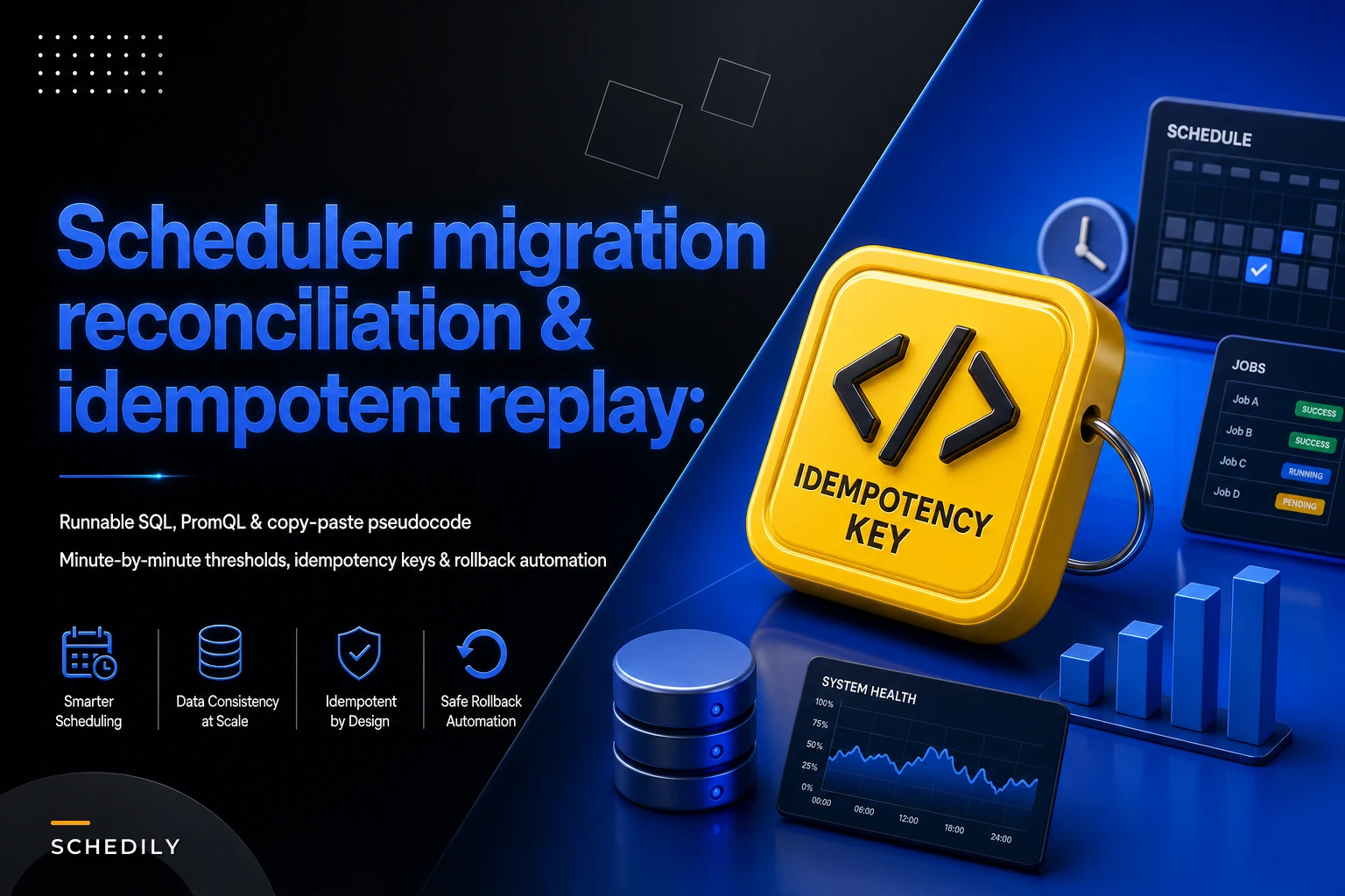 Scheduler migration: runnable reconciliation SQL, idempotent replay pseudocode, minute‑by‑minute cutover thresholds and automation