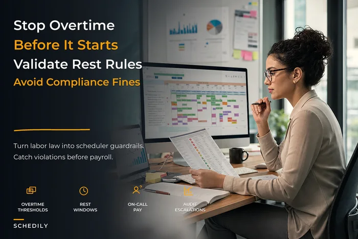Scheduling rules to avoid overtime, rest and compliance fines