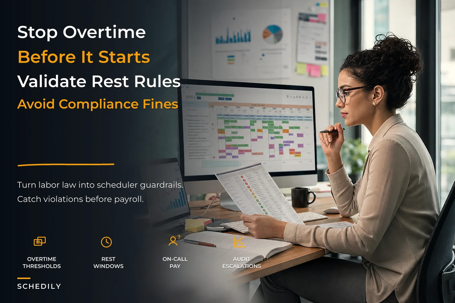 Scheduling rules to avoid overtime, rest and compliance fines