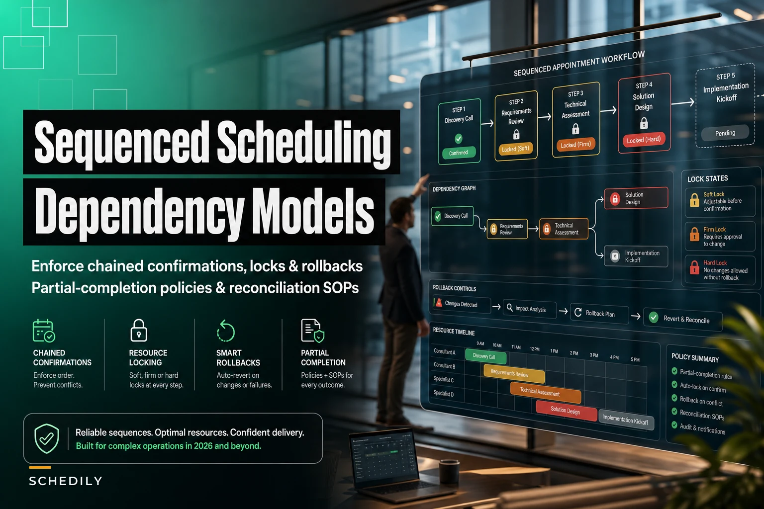 Sequenced Appointment Scheduling: Dependency Models, Resource Locking and Partial-Completion Policies