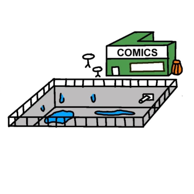 Ansicht von Comics am Rückhaltebecken