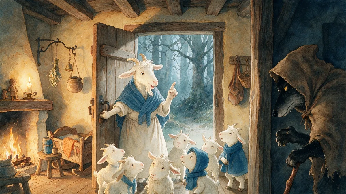 Illustration for “The Wolf and the Seven Little Goats”, page 1