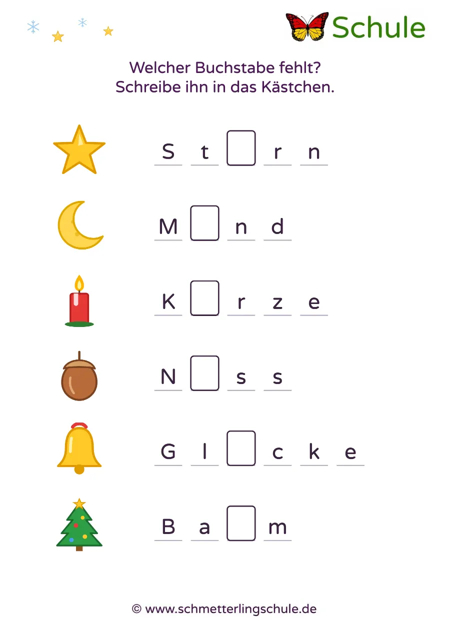 Arbeitsblatt „Fehlende Buchstaben ergänzen – Weihnachten“ – Deutsch, Klasse 1