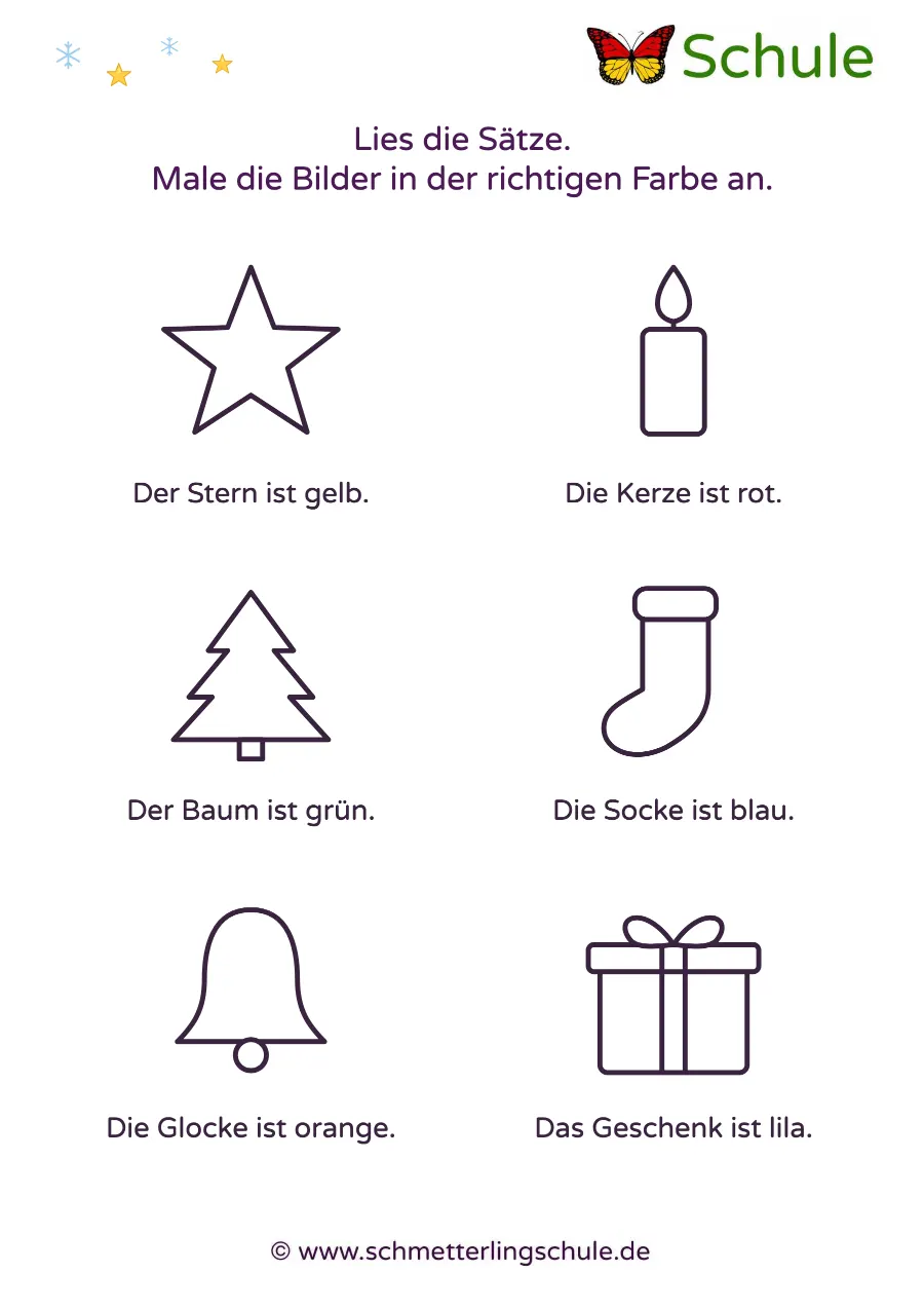 Arbeitsblatt „Lesemalblatt: Sätze lesen und ausmalen – Weihnachten“ – Deutsch, Klasse 1
