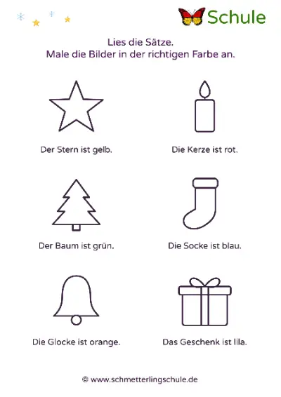 Arbeitsblatt „Lesemalblatt: Sätze lesen und ausmalen – Weihnachten“ – Deutsch, Klasse 1