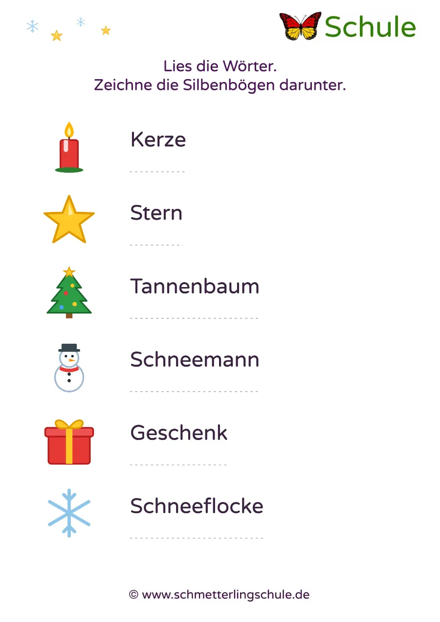 Arbeitsblatt „Silbenbögen zeichnen – Weihnachten“ – Deutsch, Klasse 1