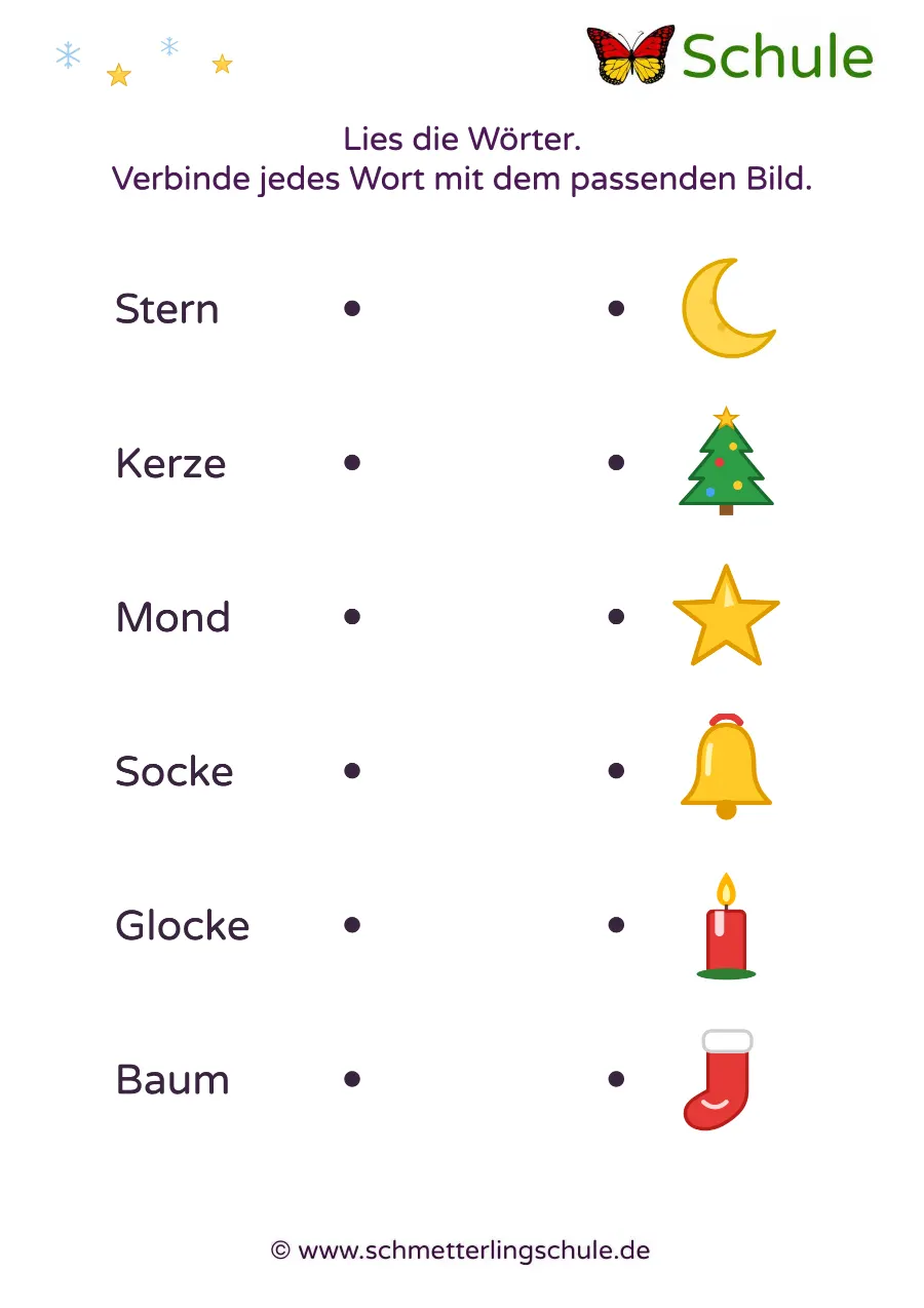 Arbeitsblatt „Wörter lesen und Bildern zuordnen – Weihnachten“ – Deutsch, Klasse 1