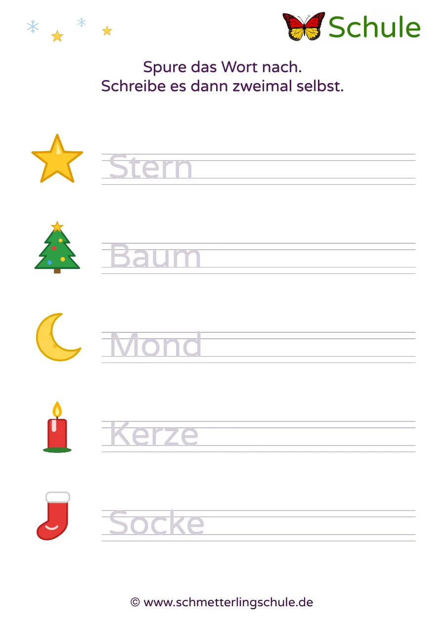 Arbeitsblatt „Wörter nachspuren und schreiben – Weihnachten“ – Deutsch, Klasse 1