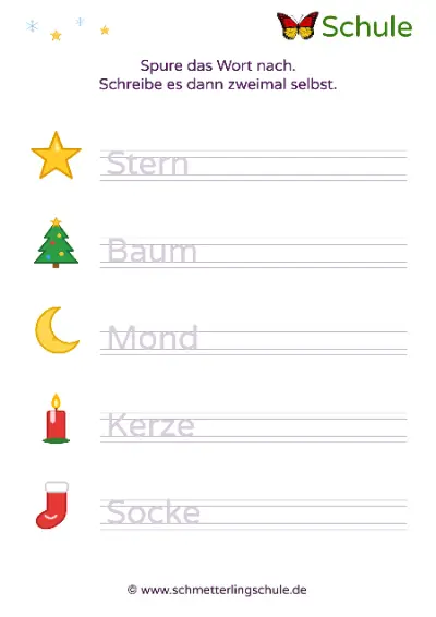 Arbeitsblatt „Wörter nachspuren und schreiben – Weihnachten“ – Deutsch, Klasse 1