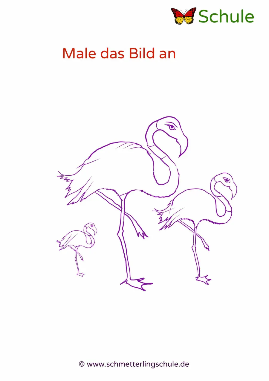 Arbeitsblatt „Flamingos ausmalen“ – Malen, Klasse 1