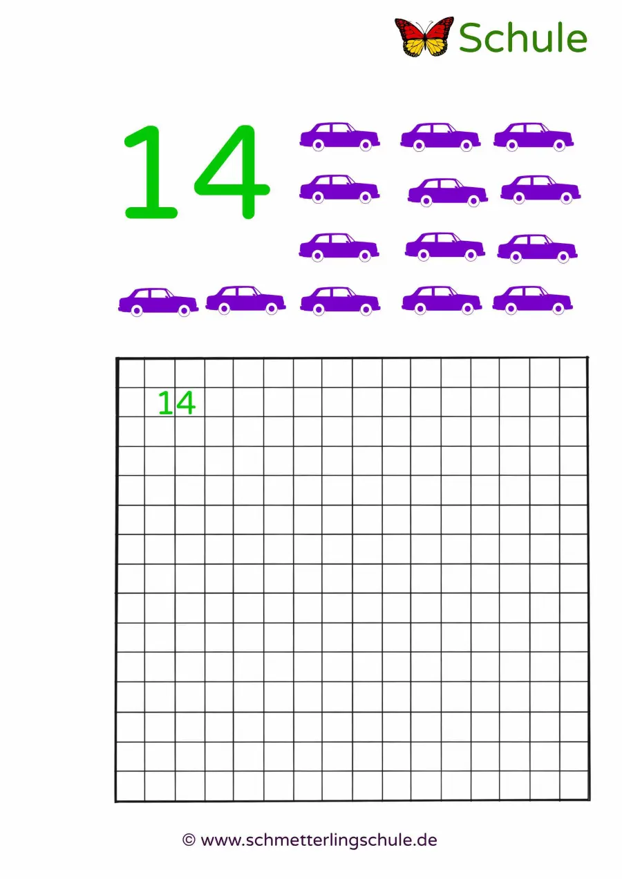 Arbeitsblatt „Die Zahl 14 schreiben“ – Mathe, Klasse 1
