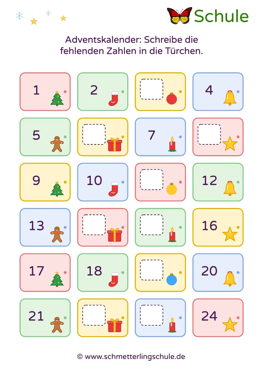 Arbeitsblatt „Fehlende Zahlen bis 24 ergänzen – Adventskalender“ – Mathe, Klasse 1