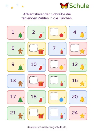 Arbeitsblatt „Fehlende Zahlen bis 24 ergänzen – Adventskalender“ – Mathe, Klasse 1