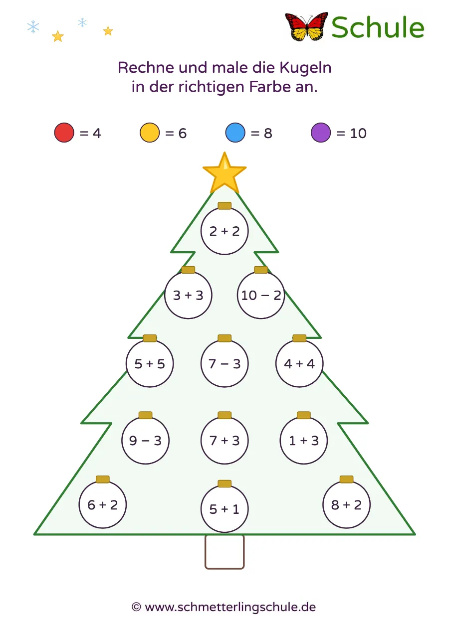 Arbeitsblatt „Rechnen und Malen bis 10 – Weihnachtsbaum“ – Mathe, Klasse 1