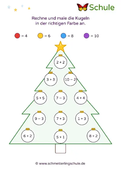 Arbeitsblatt „Rechnen und Malen bis 10 – Weihnachtsbaum“ – Mathe, Klasse 1