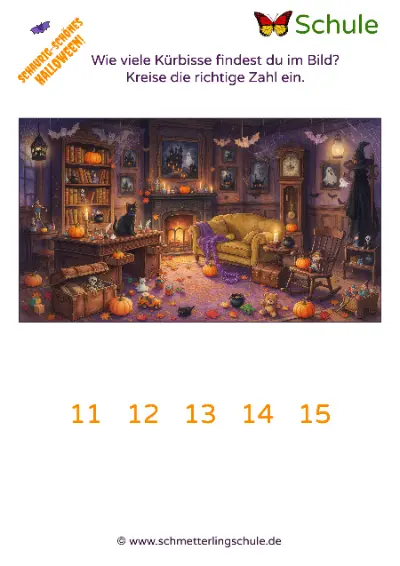Arbeitsblatt „Suchbild: Kürbisse zählen – Halloween“ – Mathe, Klasse 1