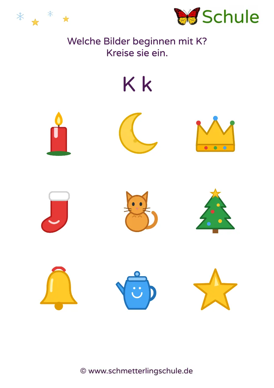 Arbeitsblatt „Anlaut K: Bilder finden – Weihnachten“ – Deutsch, Vorschule