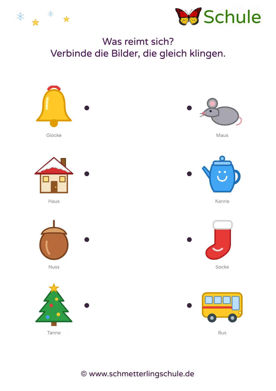 Arbeitsblatt „Reime erkennen und verbinden – Weihnachten“ – Deutsch, Vorschule