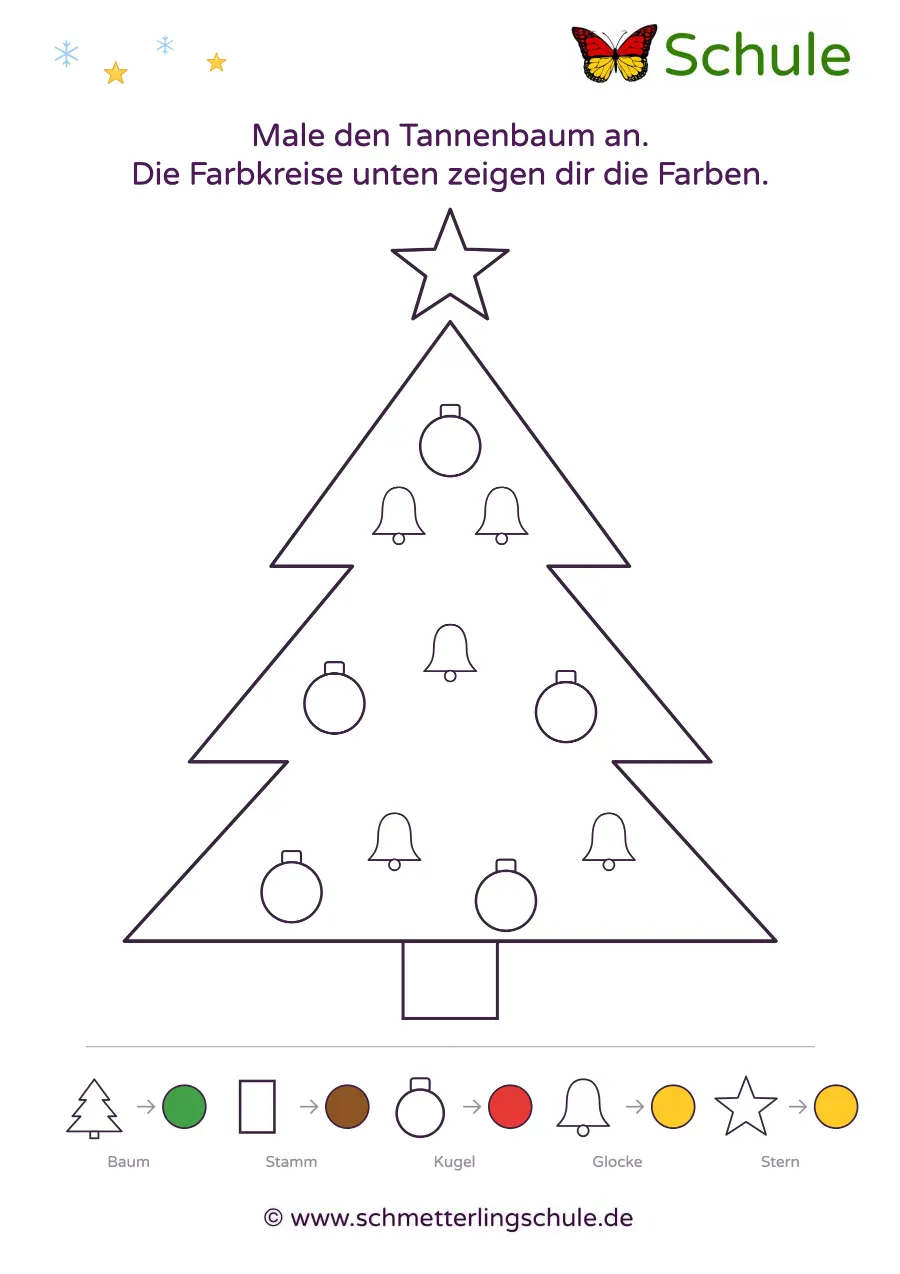 Arbeitsblatt „Ausmalbild Tannenbaum mit Farbkreisen – Weihnachten“ – Malen, Vorschule