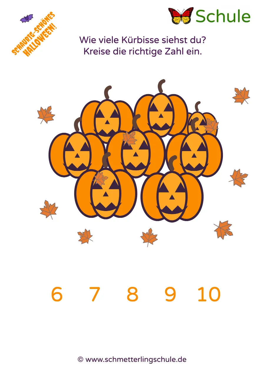 Arbeitsblatt „Kürbisse zählen und Zahl einkreisen – Halloween“ – Mathe, Vorschule
