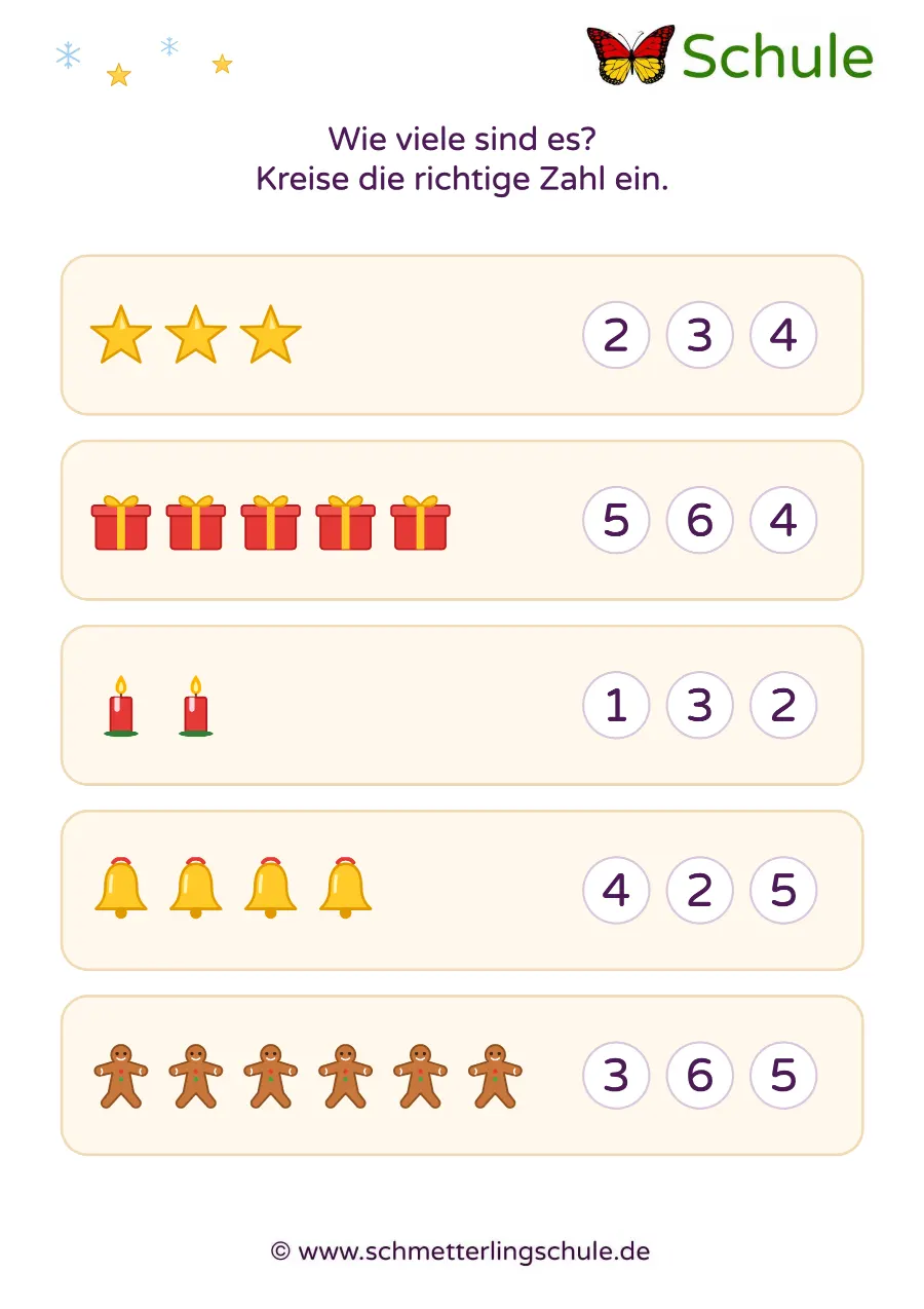 Arbeitsblatt „Zählen bis 6 und Zahl einkreisen – Weihnachten“ – Mathe, Vorschule