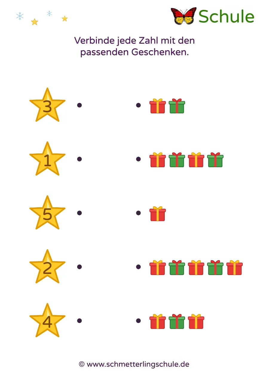 Arbeitsblatt „Zahlen und Mengen bis 5 verbinden – Weihnachten“ – Mathe, Vorschule