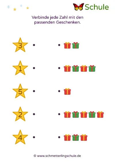 Arbeitsblatt „Zahlen und Mengen bis 5 verbinden – Weihnachten“ – Mathe, Vorschule