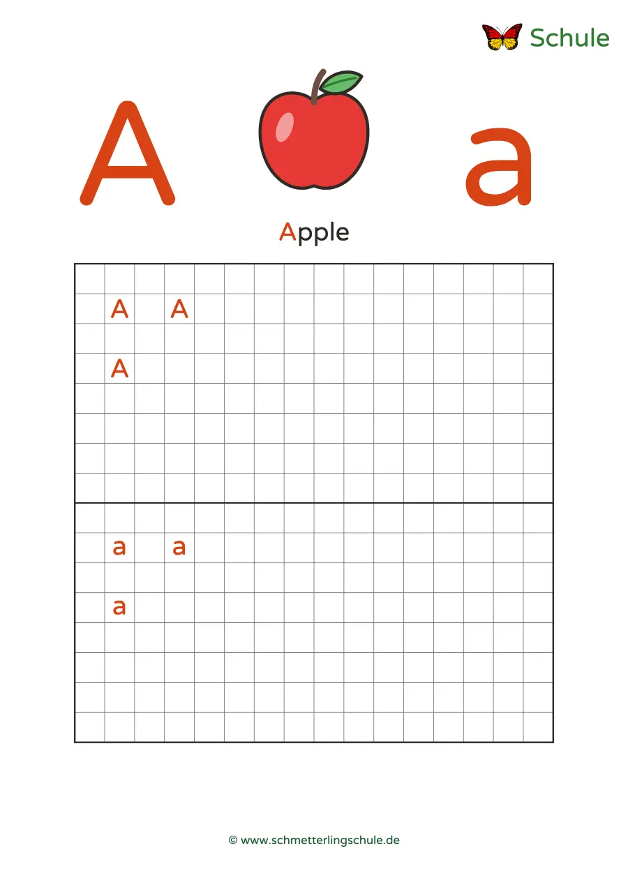 Worksheet “Letter Aa writing practice – Apple” – English, Grade 1
