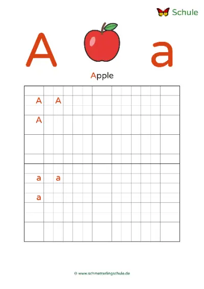 Worksheet “Letter Aa writing practice – Apple” – English, Grade 1