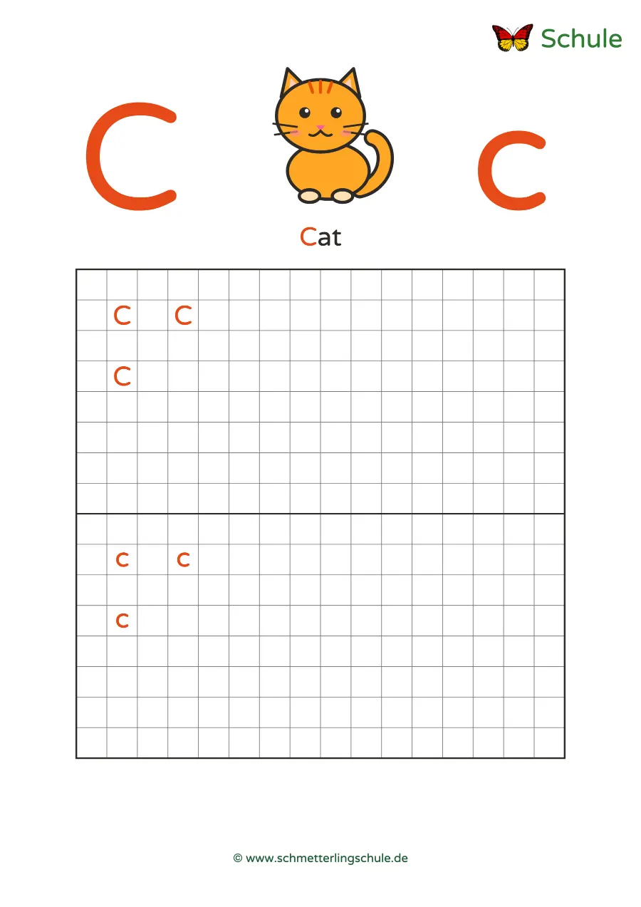 Worksheet “Letter Cc writing practice – Cat” – English, Grade 1