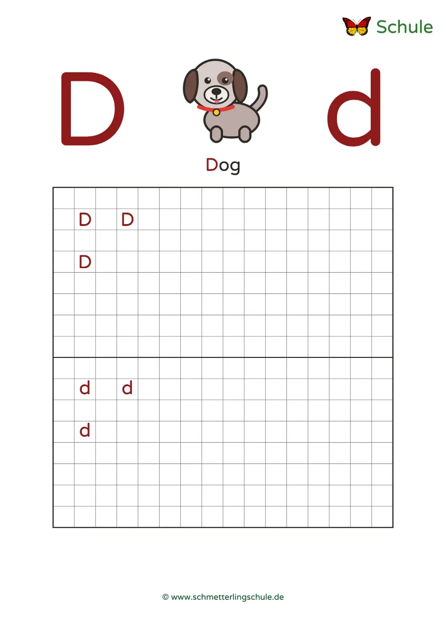 Worksheet “Letter Dd writing practice – Dog” – English, Grade 1