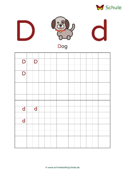 Worksheet “Letter Dd writing practice – Dog” – English, Grade 1