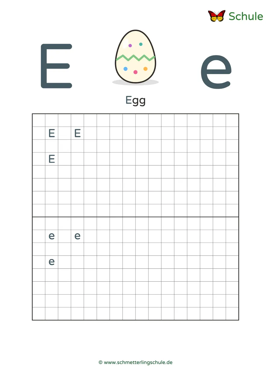 Worksheet “Letter Ee writing practice – Egg” – English, Grade 1