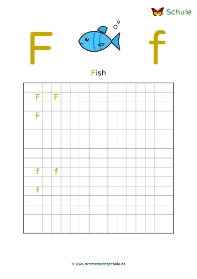 Worksheet “Letter Ff writing practice – Fish” – English, Grade 1