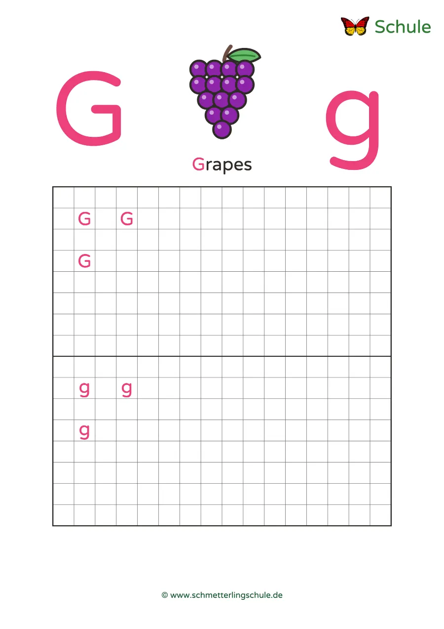Worksheet “Letter Gg writing practice – Grapes” – English, Grade 1