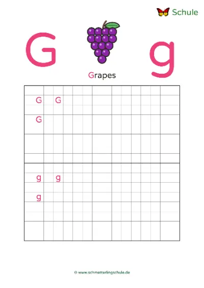 Worksheet “Letter Gg writing practice – Grapes” – English, Grade 1