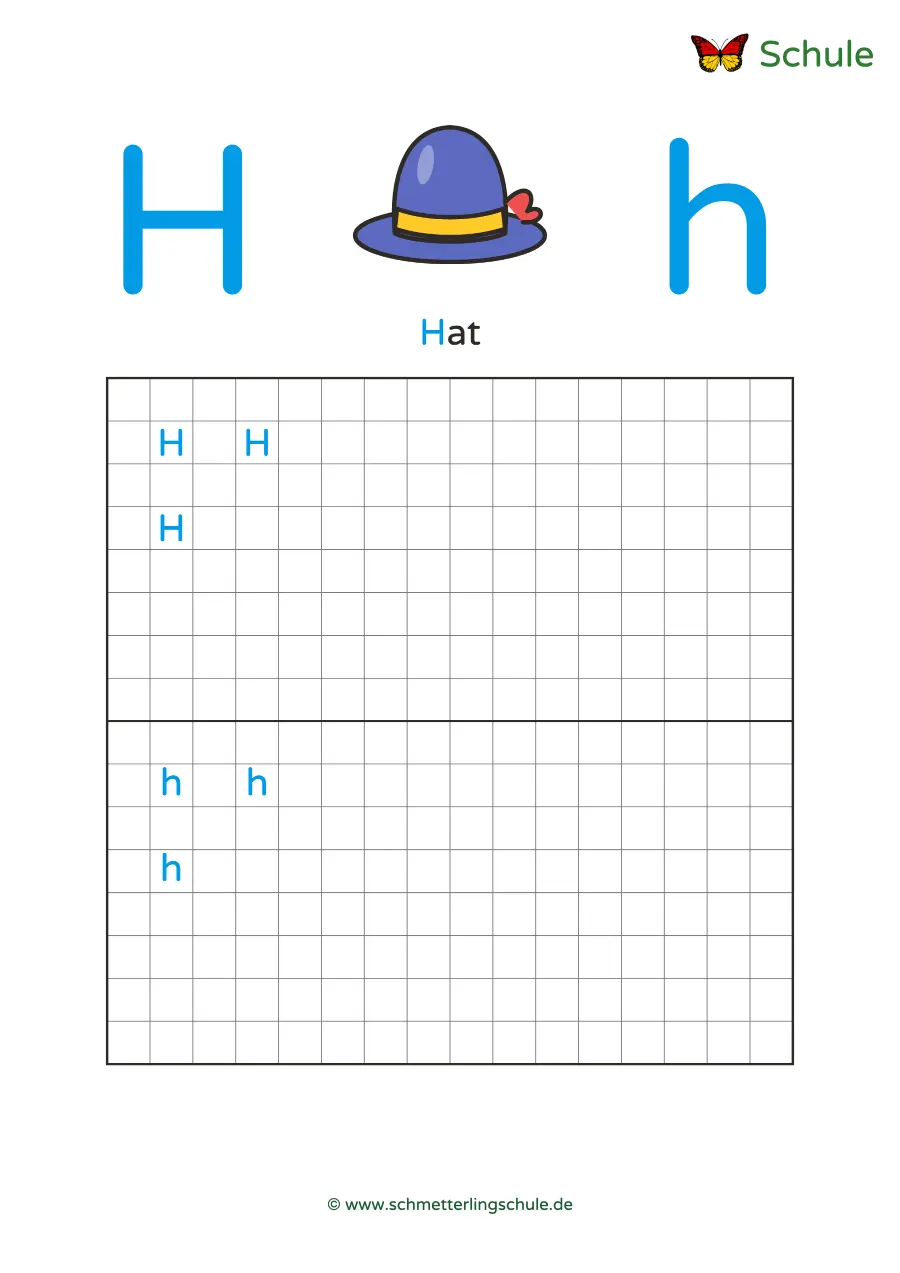 Worksheet “Letter Hh writing practice – Hat” – English, Grade 1