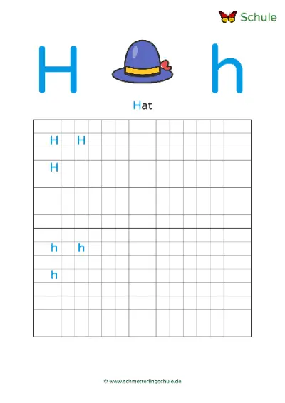 Worksheet “Letter Hh writing practice – Hat” – English, Grade 1