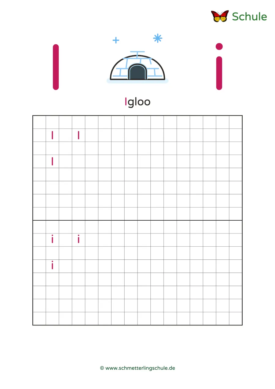 Worksheet “Letter Ii writing practice – Igloo” – English, Grade 1