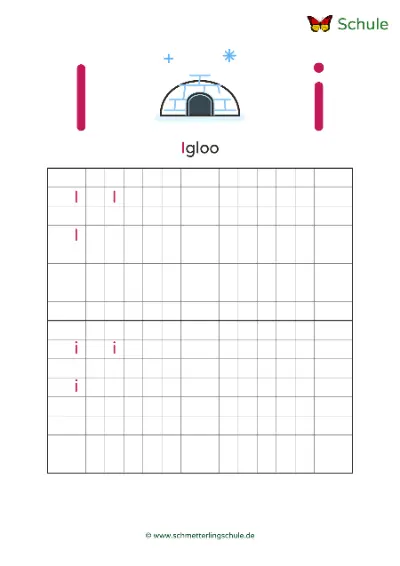 Worksheet “Letter Ii writing practice – Igloo” – English, Grade 1