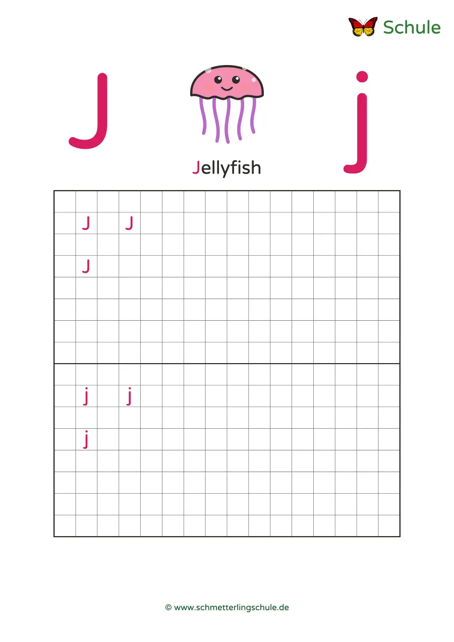 Worksheet “Letter Jj writing practice – Jellyfish” – English, Grade 1