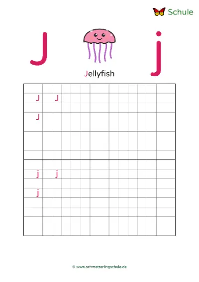 Worksheet “Letter Jj writing practice – Jellyfish” – English, Grade 1