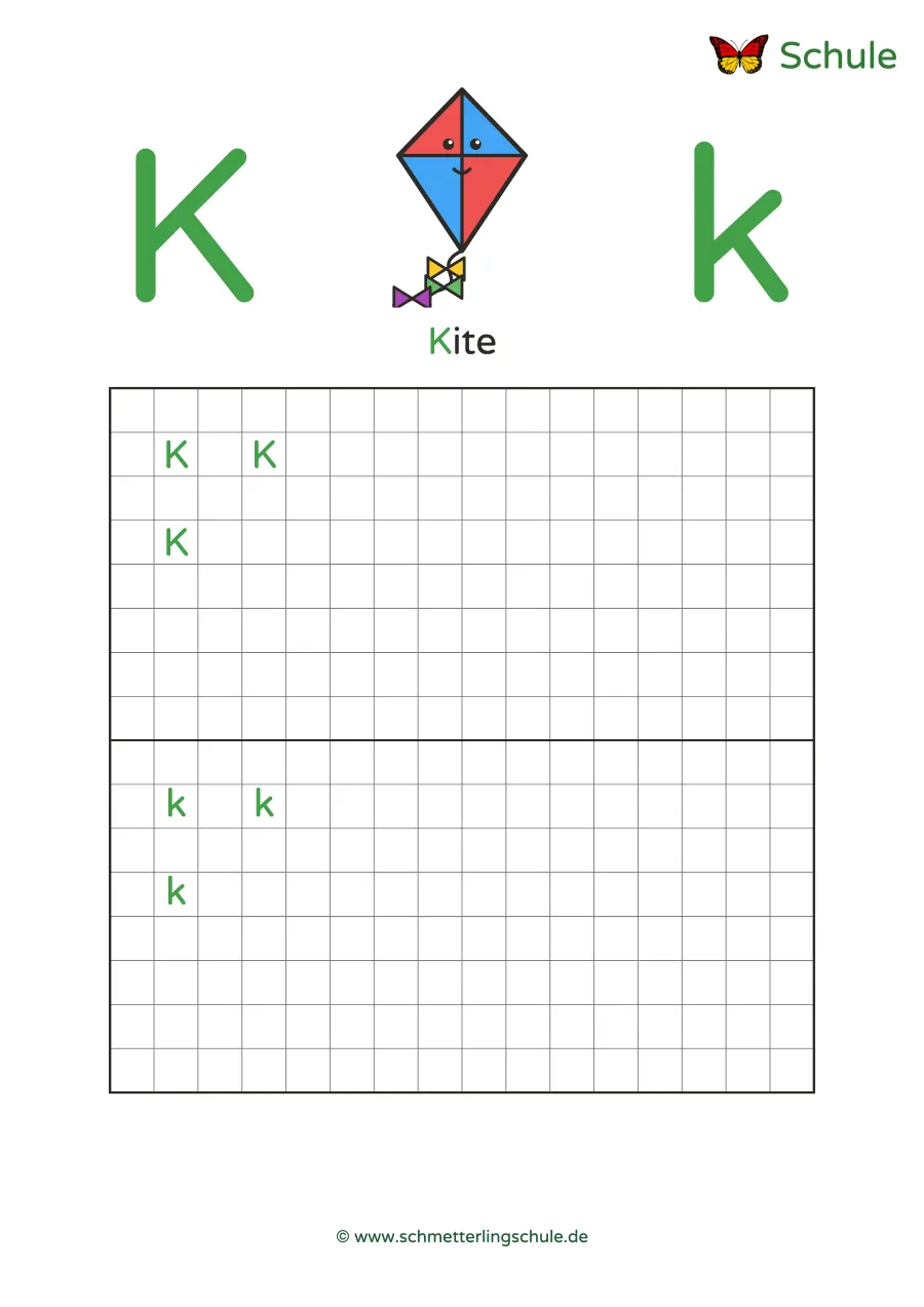 Worksheet “Letter Kk writing practice – Kite” – English, Grade 1