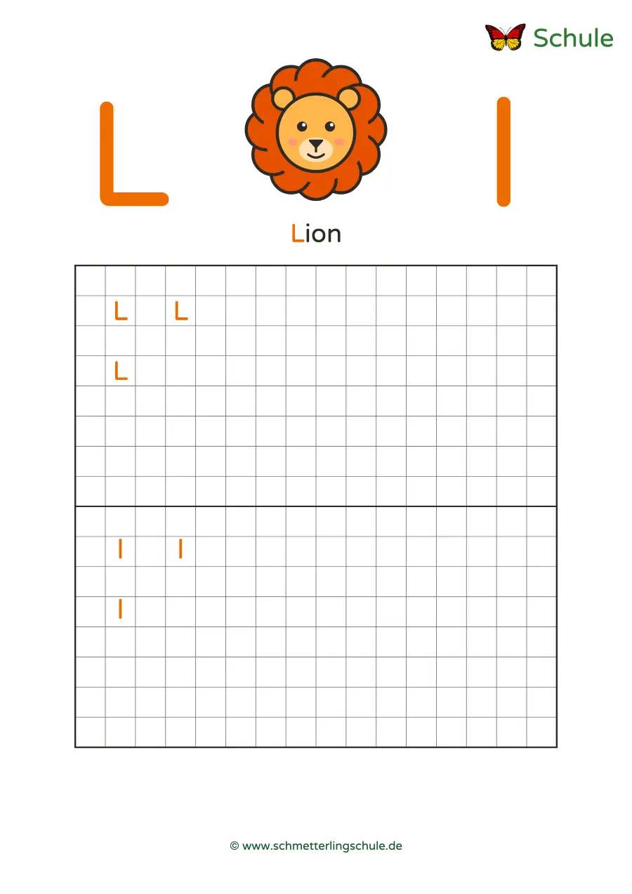 Worksheet “Letter Ll writing practice – Lion” – English, Grade 1